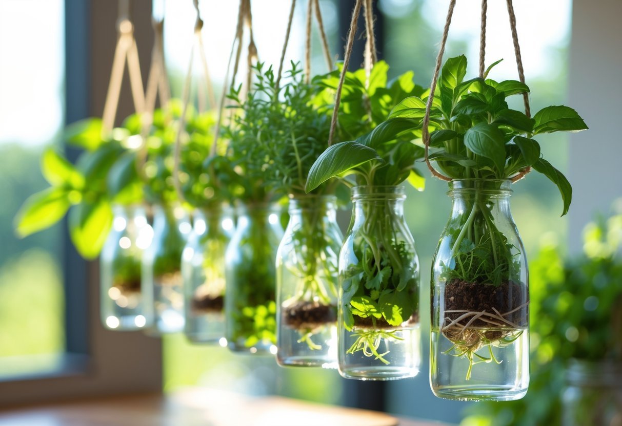 19+ Hanging Herb Garden Ideas: Easy Designs to Maximize Small Spaces in the US 17 A hanging herb garden made from clear glass bottles with green herbs growing inside, suspended by twine against a bright background.