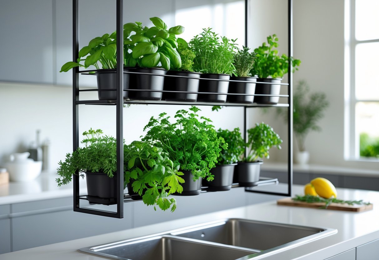 19+ Hanging Herb Garden Ideas: Easy Designs to Maximize Small Spaces in the US 18 An over-the-sink hanging rack with pots of fresh green herbs above a kitchen sink.