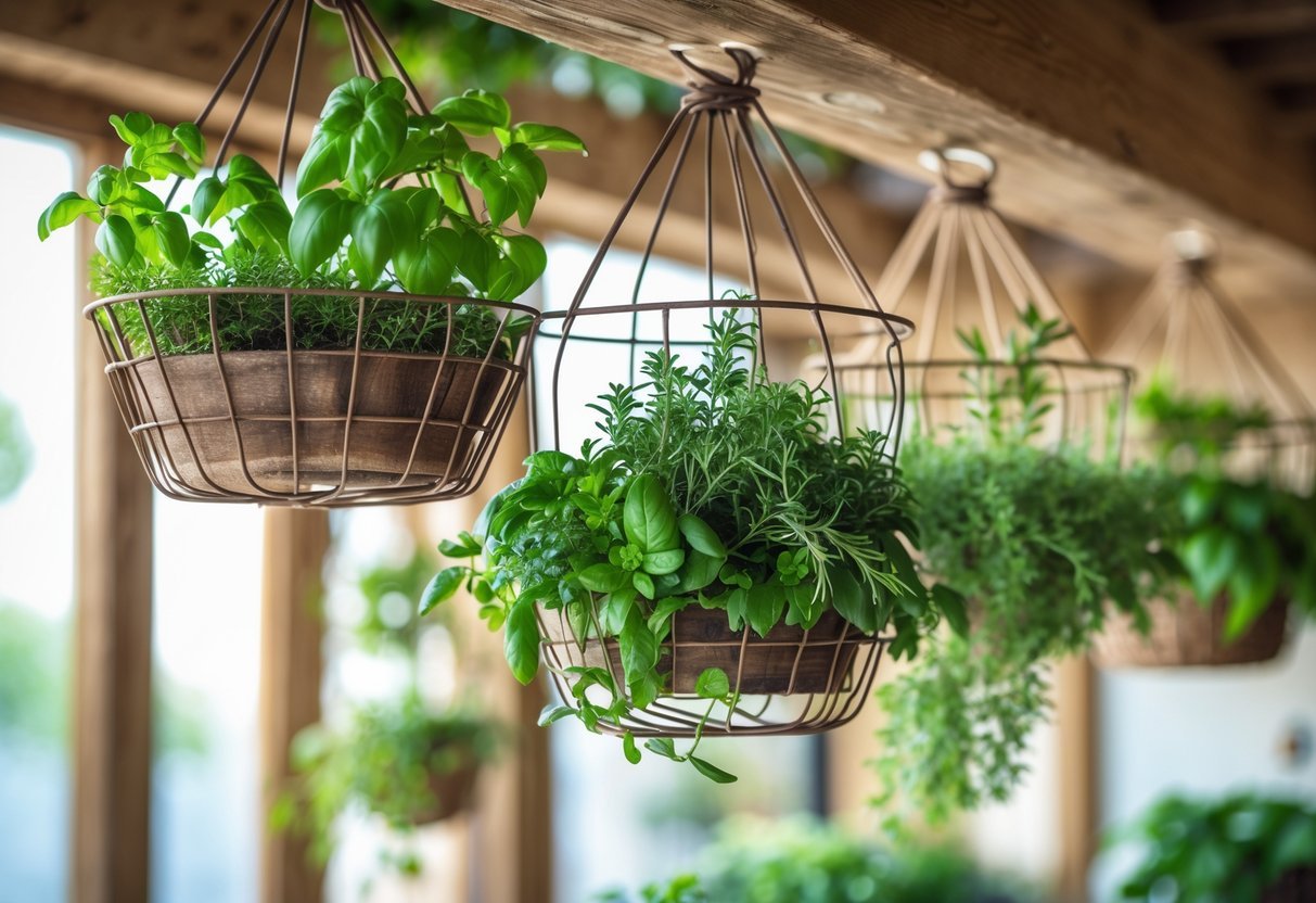 19+ Hanging Herb Garden Ideas: Easy Designs to Maximize Small Spaces in the US 19 A hanging wire basket herb garden with multiple baskets filled with fresh green herbs suspended indoors.