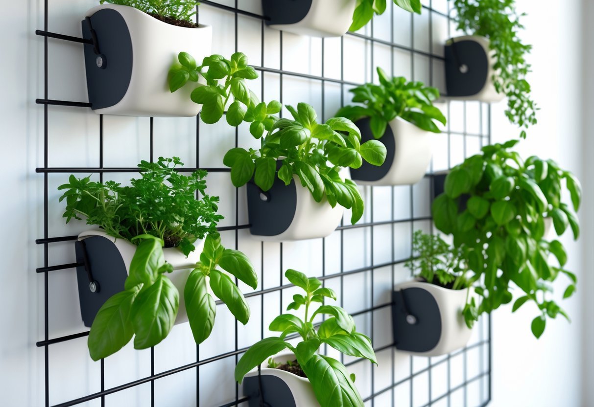 19+ Hanging Herb Garden Ideas: Easy Designs to Maximize Small Spaces in the US 20 Wall grid with multiple clip-on pots holding fresh green herbs hanging on a white wall.
