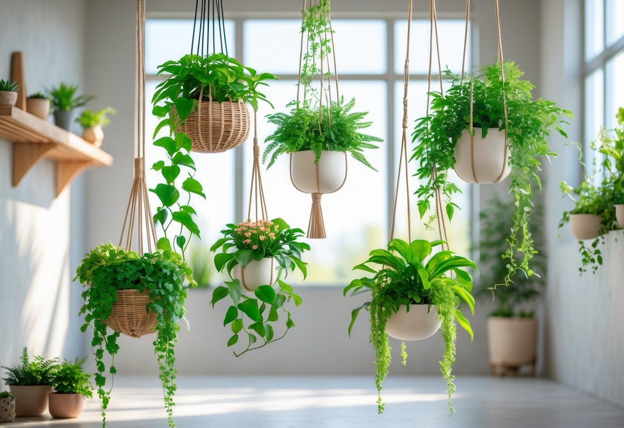 22+ Hanging Garden Ideas: Easy and Stylish Designs for Your US Home 2 Indoor hanging garden with various green plants in different hanging planters arranged at multiple heights near large windows.