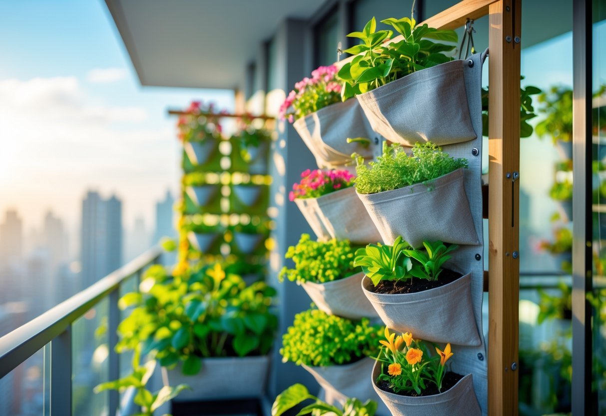 22+ Hanging Garden Ideas: Easy and Stylish Designs for Your US Home 3 Vertical fabric planter pockets hanging on a balcony wall filled with green plants and colorful flowers.
