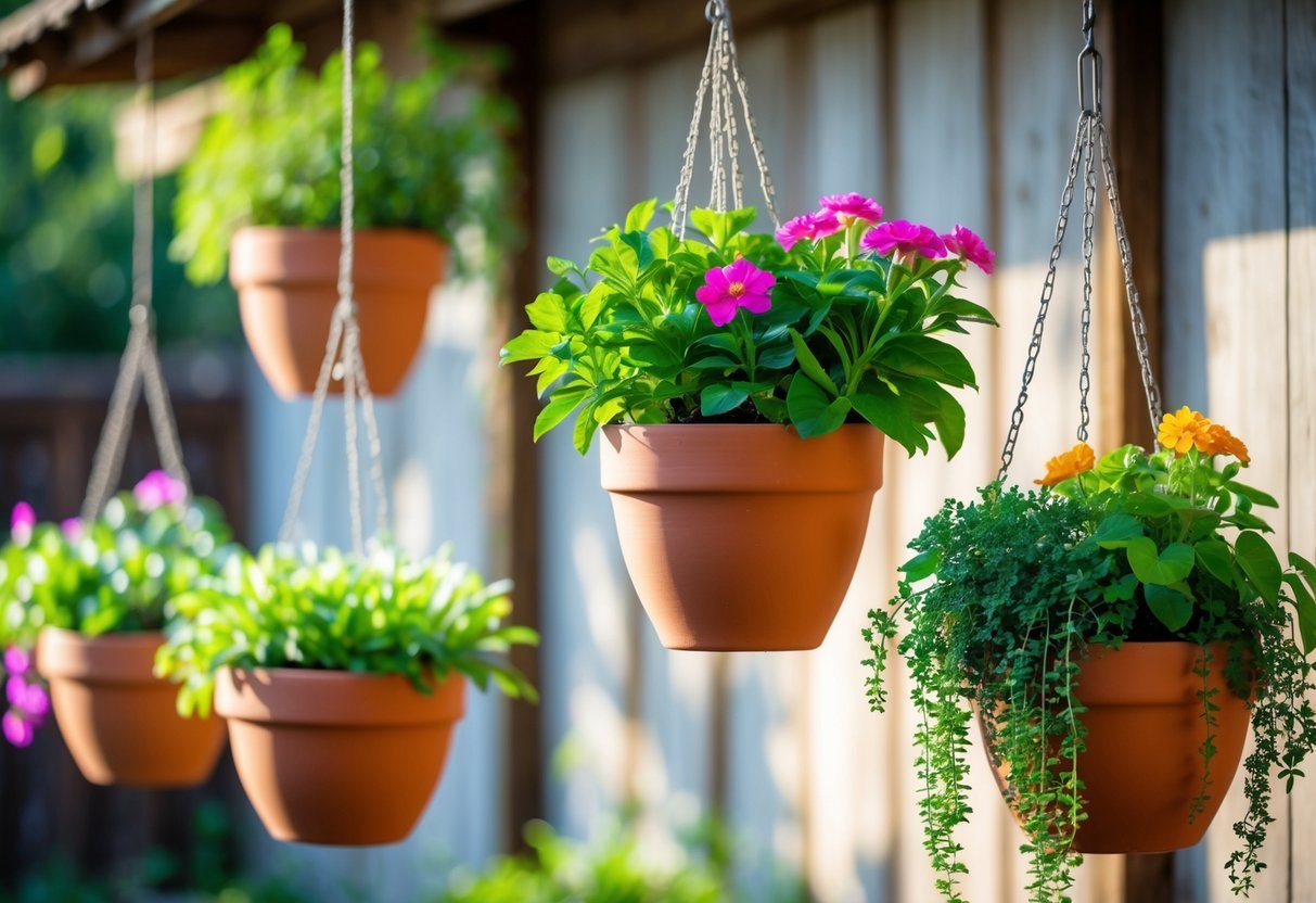 22+ Hanging Garden Ideas: Easy and Stylish Designs for Your US Home 4 Several terracotta pots hanging outdoors with green plants and colorful flowers.