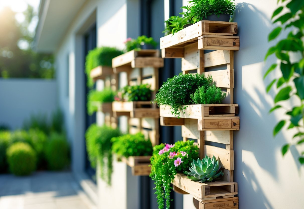 22+ Hanging Garden Ideas: Easy and Stylish Designs for Your US Home 5 Wooden pallets mounted on an outdoor wall, filled with various green plants and flowers creating a hanging garden.