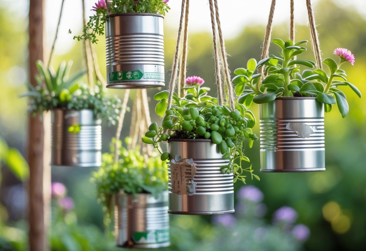 22+ Hanging Garden Ideas: Easy and Stylish Designs for Your US Home 6 A hanging garden of recycled tin cans used as planters, each filled with green plants and flowers, suspended outdoors by twine.