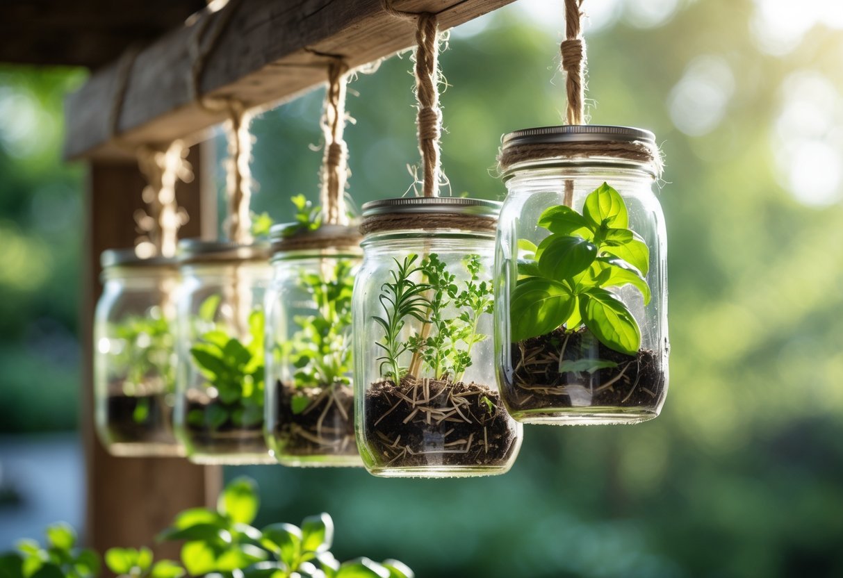 22+ Hanging Garden Ideas: Easy and Stylish Designs for Your US Home 7 Several mason jars hanging by twine with fresh green herbs growing inside, suspended from a wooden beam.