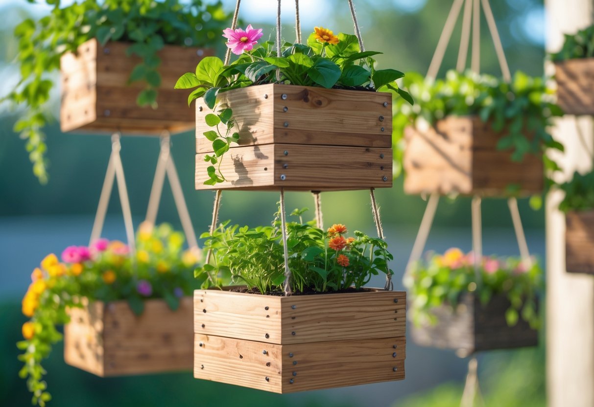 22+ Hanging Garden Ideas: Easy and Stylish Designs for Your US Home 8 Wooden boxes hanging at different heights filled with green plants and flowers in a garden setting.