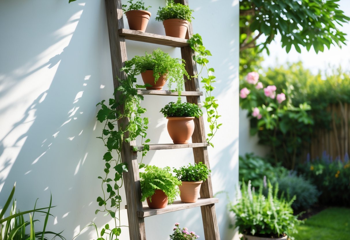 22+ Hanging Garden Ideas: Easy and Stylish Designs for Your US Home 9 Wooden ladder leaning against a white wall with several plants hanging from it in pots, surrounded by a garden with greenery and flowers.