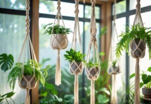 Several macramé plant holders hanging indoors with green plants inside, illuminated by natural sunlight from a nearby window.