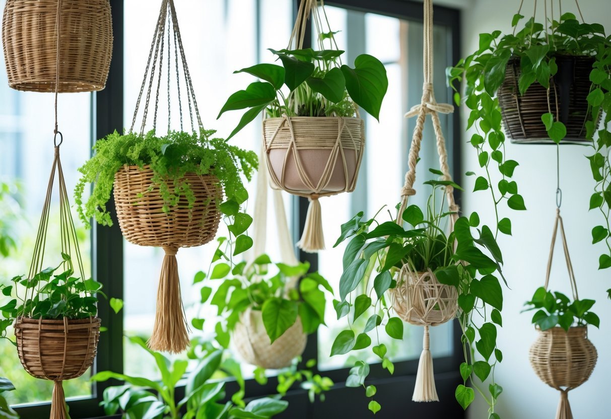 22+ Hanging Garden Ideas: Easy and Stylish Designs for Your US Home 11 A variety of hanging basket planters filled with green plants suspended at different heights indoors.