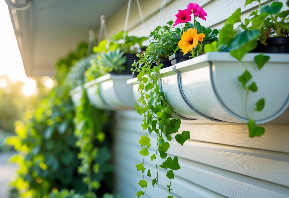 22+ Hanging Garden Ideas: Easy and Stylish Designs for Your US Home 12 A hanging garden made of white gutters filled with green plants and colorful flowers mounted on a light-colored wall.