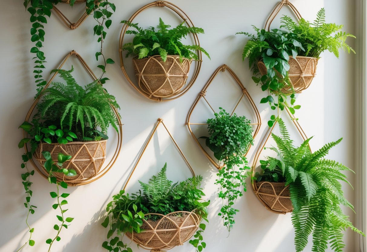 22+ Hanging Garden Ideas: Easy and Stylish Designs for Your US Home 13 Several woven wire wall planters holding green plants hanging on a light-colored wall.
