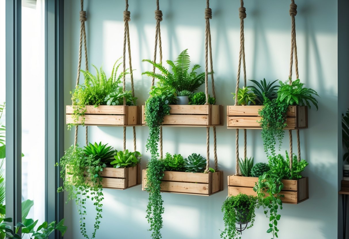 22+ Hanging Garden Ideas: Easy and Stylish Designs for Your US Home 14 Wooden crate shelves hanging on a wall filled with various green plants in a bright indoor space.