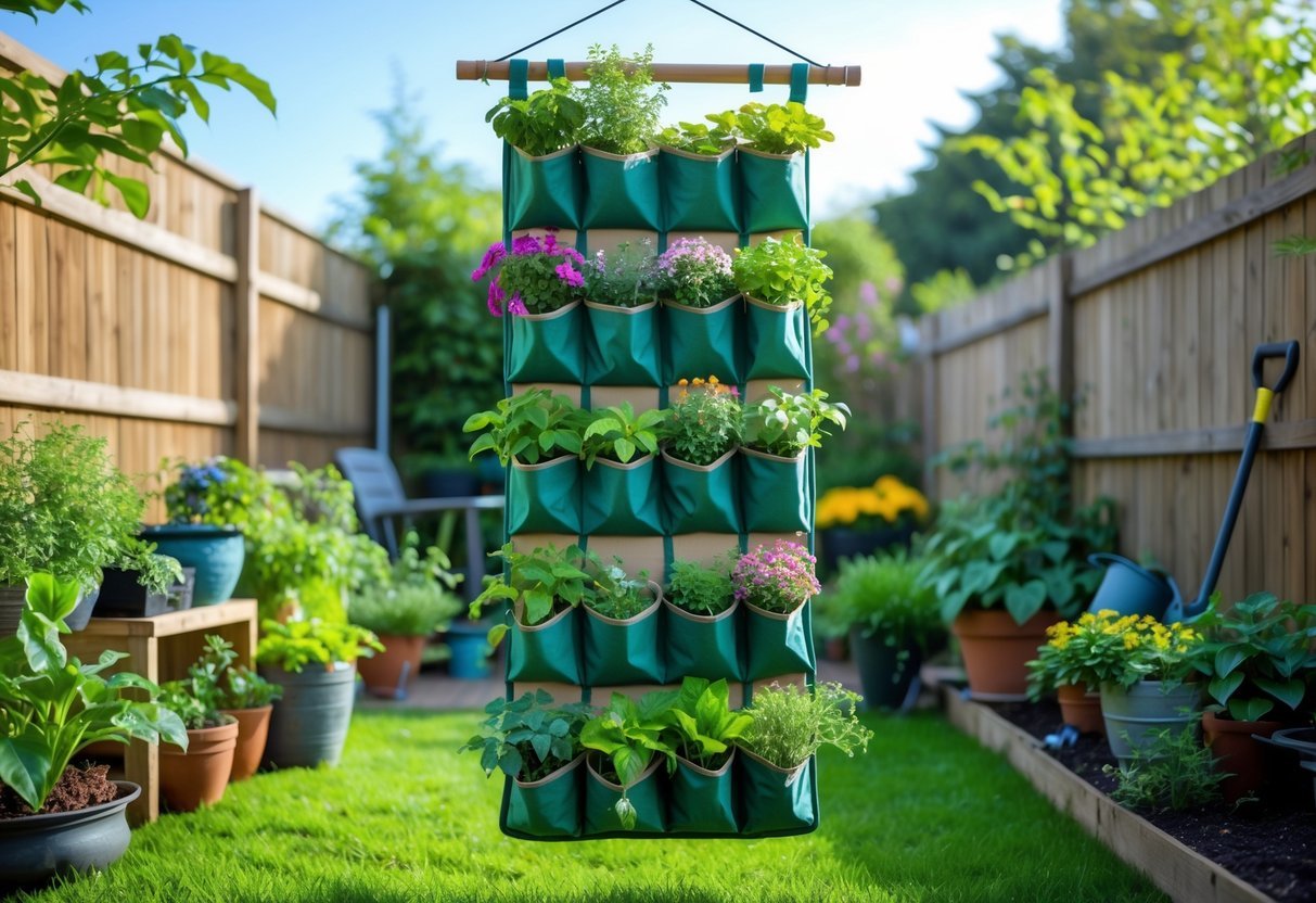 22+ Hanging Garden Ideas: Easy and Stylish Designs for Your US Home 15 A hanging shoe organizer filled with plants and flowers attached to a wooden fence in a sunny backyard garden.