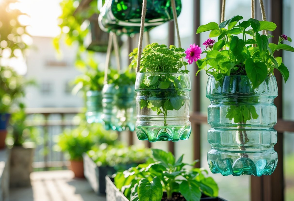 22+ Hanging Garden Ideas: Easy and Stylish Designs for Your US Home 16 A hanging garden made from repurposed bottles used as planters, filled with green plants and colorful flowers.