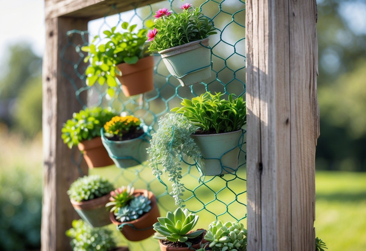 22+ Hanging Garden Ideas: Easy and Stylish Designs for Your US Home 17 Wooden frame with chicken wire used as a hanging garden holding small potted plants and succulents.