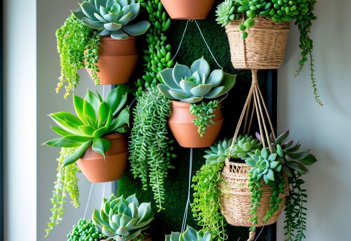 22+ Hanging Garden Ideas: Easy and Stylish Designs for Your US Home 18 A hanging wall garden with various green succulents in pots suspended against a plain wall.