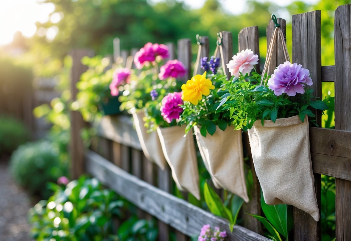 22+ Hanging Garden Ideas: Easy and Stylish Designs for Your US Home 19 Wooden fence with multiple fabric flower pouches hanging, each filled with colorful blooming flowers in a garden setting.