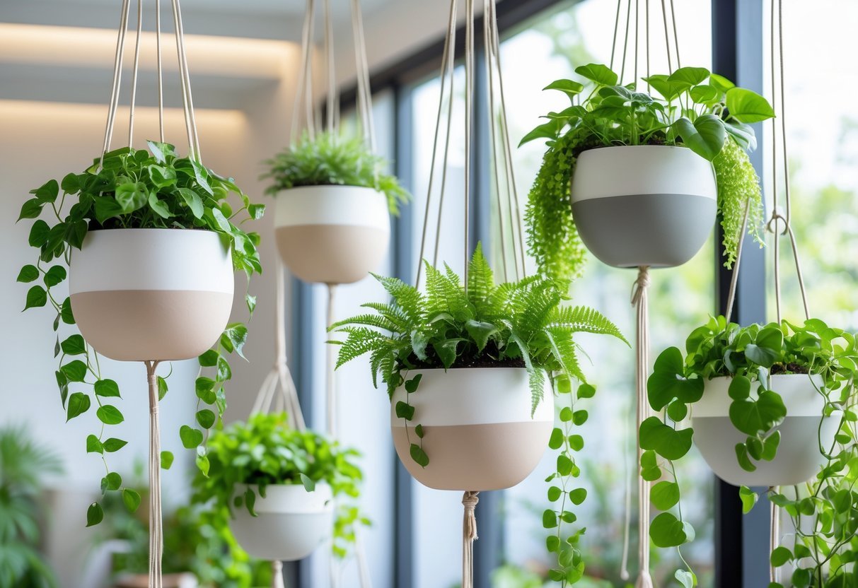 22+ Hanging Garden Ideas: Easy and Stylish Designs for Your US Home 20 A group of hanging ceramic planters with green plants suspended indoors near a bright window.