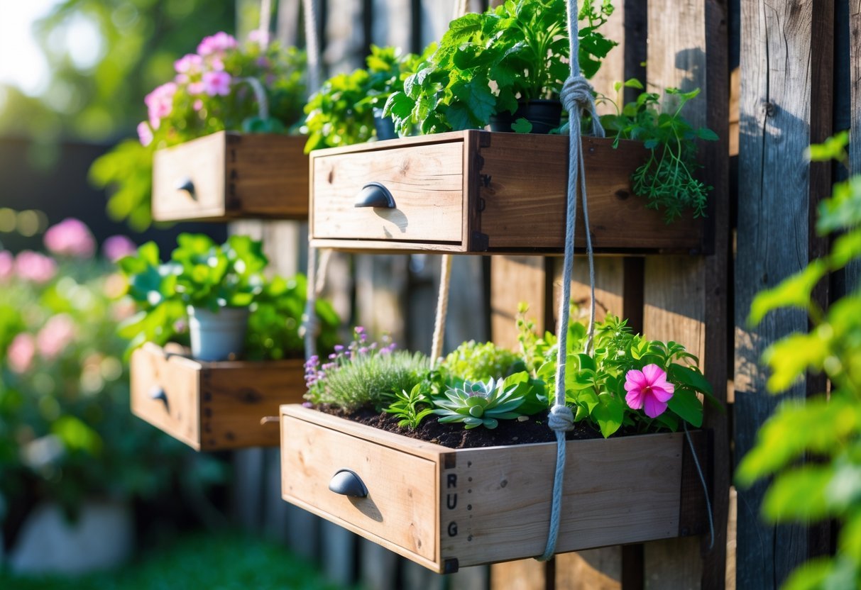 22+ Hanging Garden Ideas: Easy and Stylish Designs for Your US Home 21 A hanging garden made from repurposed wooden drawers filled with green plants and colorful flowers against a wooden wall outdoors.