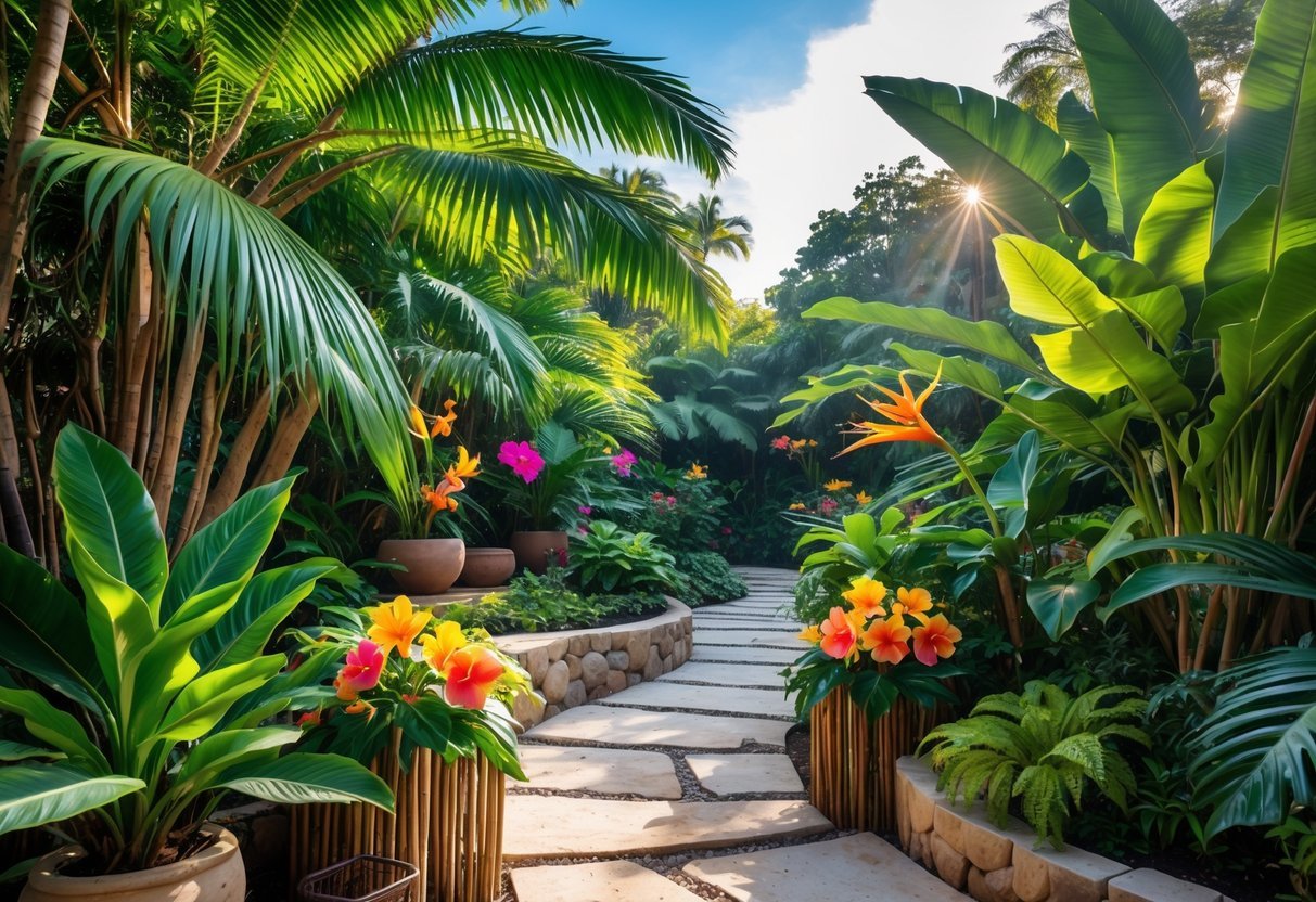 10 Tropical Garden Ideas to Transform Your Outdoor Space in the US 2 A tropical garden with green palm leaves, colorful flowers, a stone pathway, and sunlight filtering through trees.
