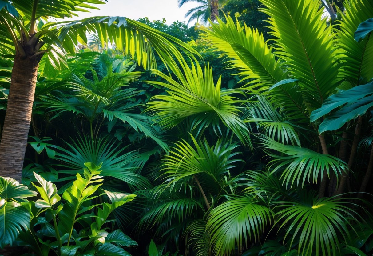10 Tropical Garden Ideas to Transform Your Outdoor Space in the US 3 A lush tropical garden filled with various green palm plants and other tropical foliage under soft sunlight.