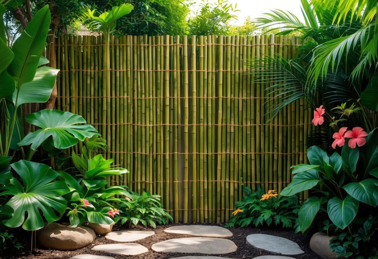10 Tropical Garden Ideas to Transform Your Outdoor Space in the US 4 A tropical garden with a tall bamboo privacy screen surrounded by green palm leaves and colorful flowers.