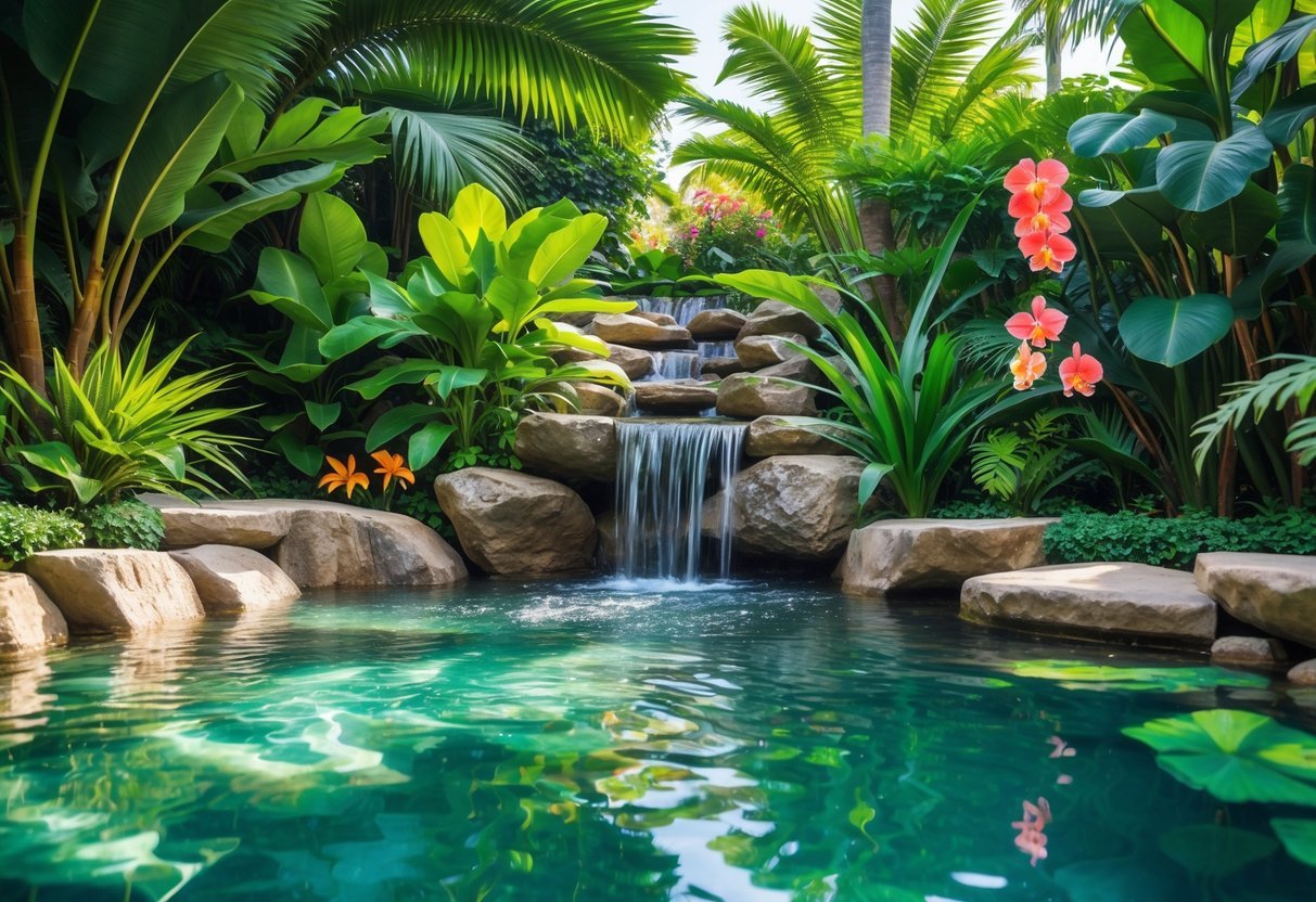 10 Tropical Garden Ideas to Transform Your Outdoor Space in the US 5 A tranquil tropical garden with a waterfall flowing over rocks into a clear pond surrounded by lush green plants and colorful flowers.