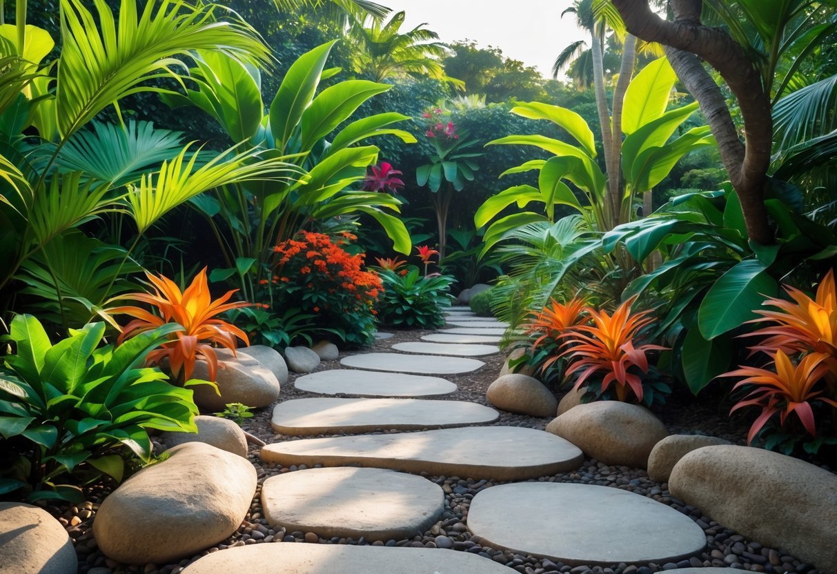 10 Tropical Garden Ideas to Transform Your Outdoor Space in the US 6 A winding stone pathway surrounded by lush tropical plants and flowers in a garden.