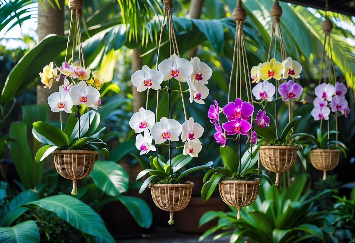 10 Tropical Garden Ideas to Transform Your Outdoor Space in the US 7 A tropical garden with colorful orchids hanging in pots surrounded by green foliage and sunlight.