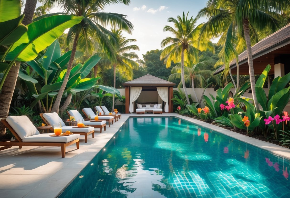 10 Tropical Garden Ideas to Transform Your Outdoor Space in the US 8 A clear blue swimming pool surrounded by lush tropical plants, lounge chairs with cushions, and a shaded outdoor seating area.