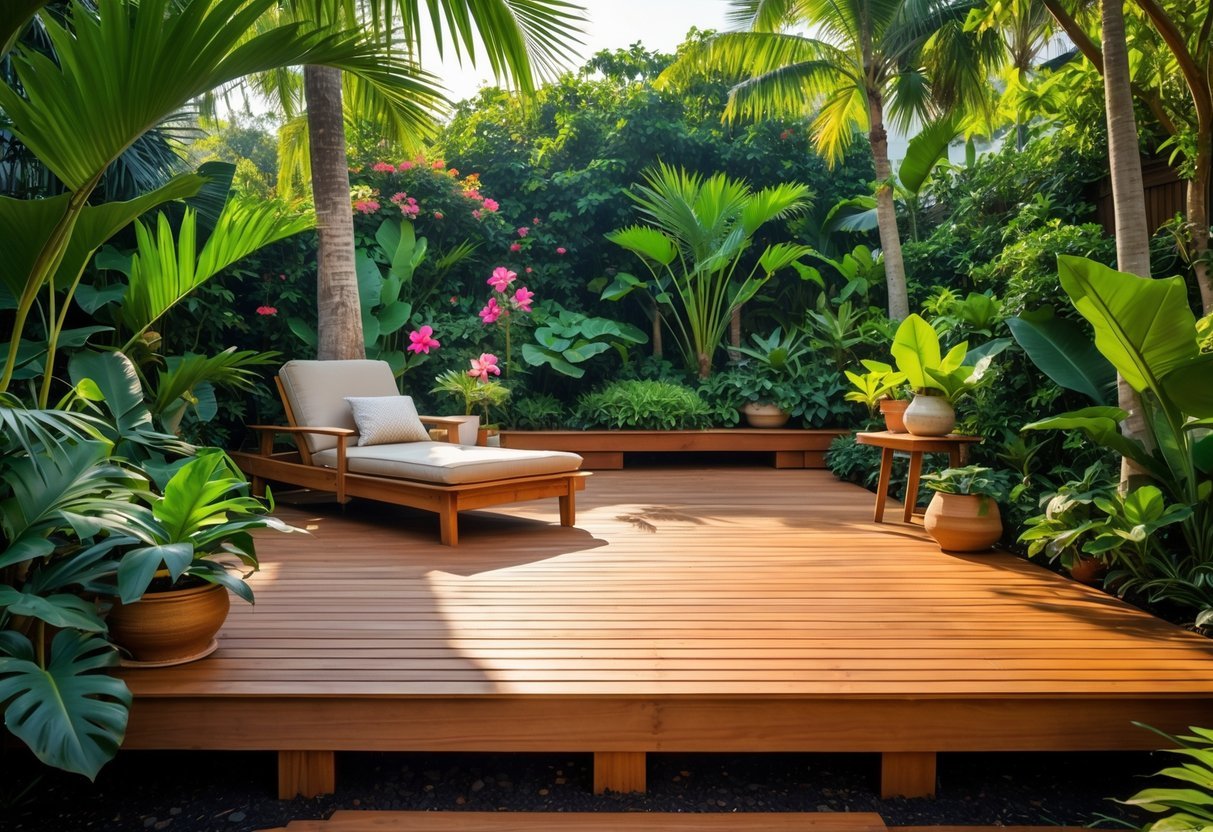 10 Tropical Garden Ideas to Transform Your Outdoor Space in the US 9 Raised wooden deck surrounded by lush tropical plants and colorful flowers in a garden setting.