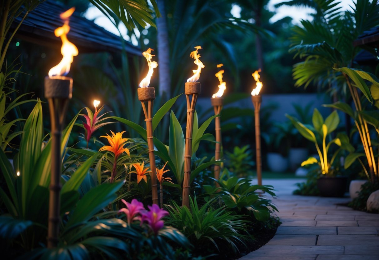 10 Tropical Garden Ideas to Transform Your Outdoor Space in the US 10 Tiki torches lighting a tropical garden with green plants and flowers at dusk.