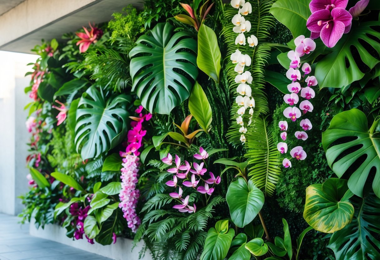10 Tropical Garden Ideas to Transform Your Outdoor Space in the US 11 A vertical garden wall filled with various tropical plants including large green leaves and colorful flowers.