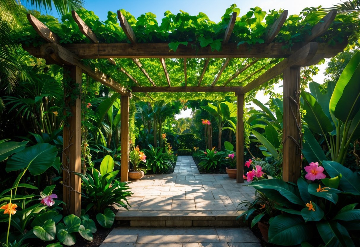10 Tropical Garden Ideas to Transform Your Outdoor Space in the US 12 A wooden pergola covered with green vines surrounded by tropical plants and flowers in a garden.