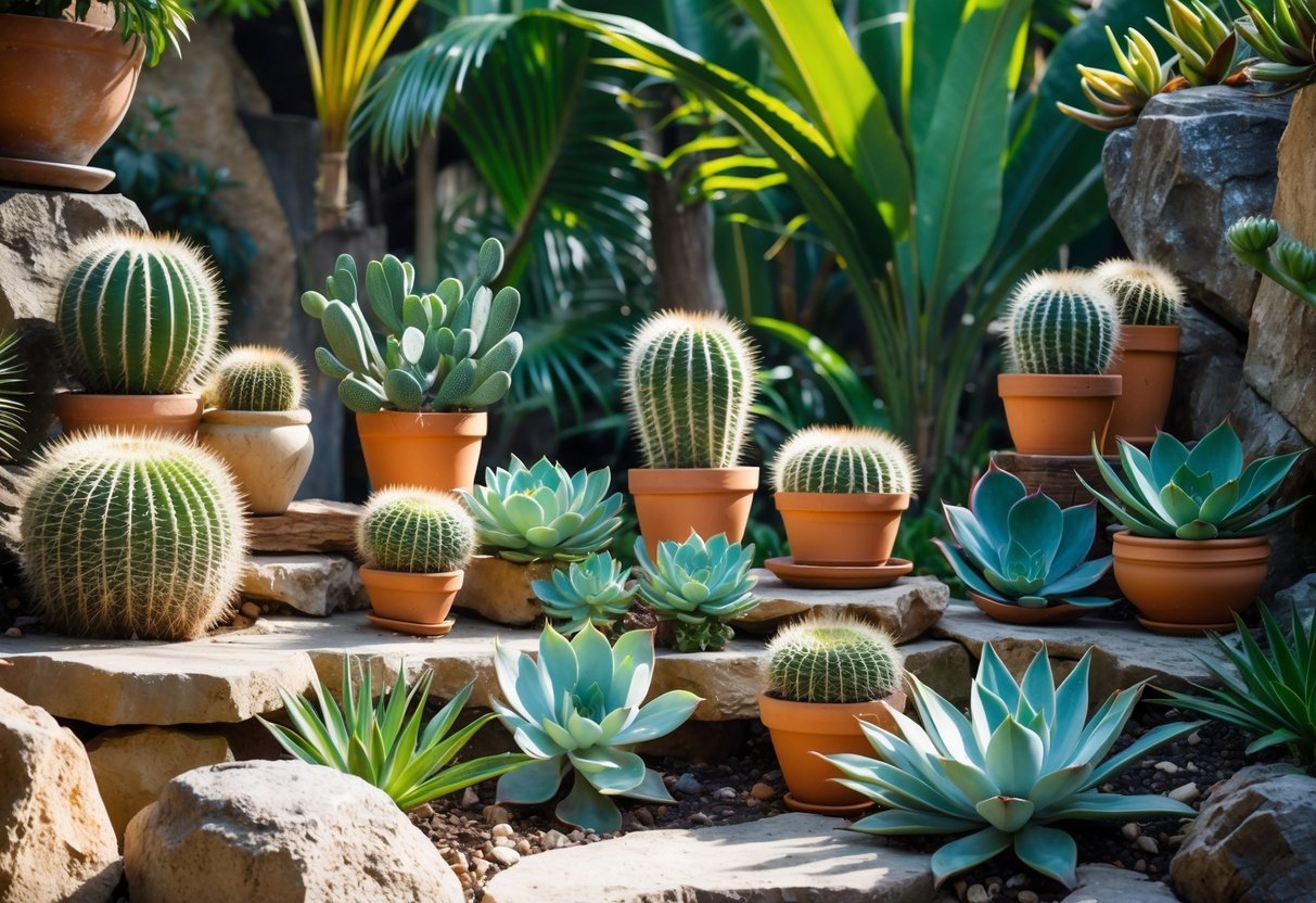 10 Tropical Garden Ideas to Transform Your Outdoor Space in the US 13 A tropical garden section filled with various succulents and cacti arranged in pots and natural rock formations under sunlight.