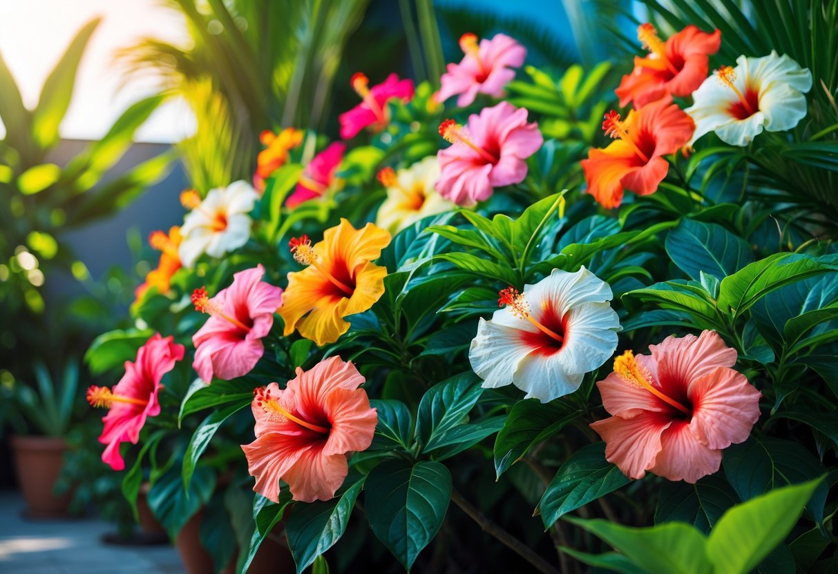 10 Tropical Garden Ideas to Transform Your Outdoor Space in the US 14 A tropical garden with colorful hibiscus flowers in red, pink, orange, yellow, and white surrounded by green leaves under natural sunlight.