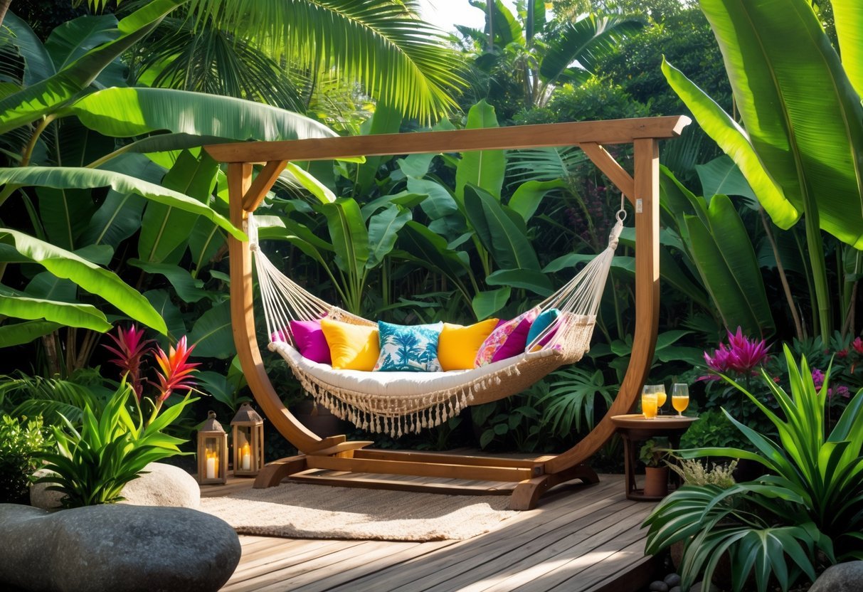 10 Tropical Garden Ideas to Transform Your Outdoor Space in the US 15 An outdoor hammock hanging in a tropical garden surrounded by lush green plants and flowers with sunlight filtering through the leaves.
