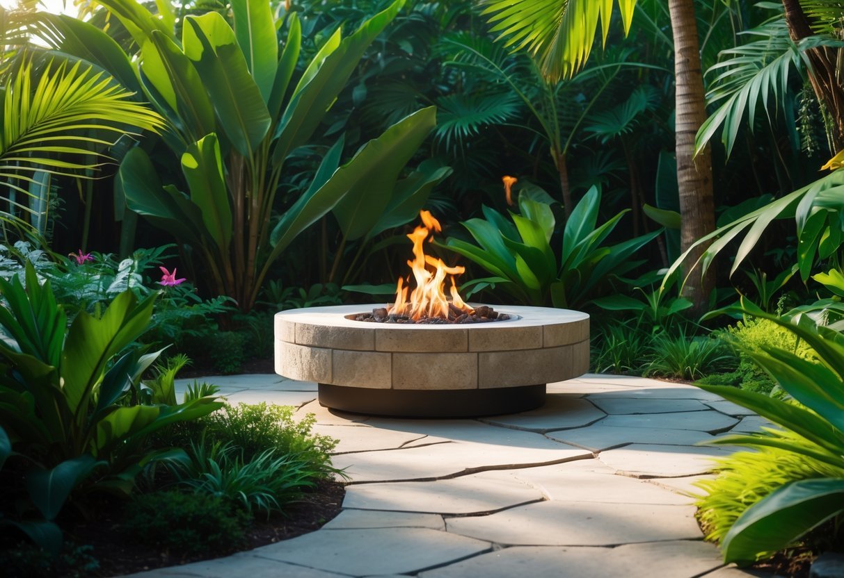 10 Tropical Garden Ideas to Transform Your Outdoor Space in the US 16 A fire pit surrounded by lush green tropical plants in a garden setting.