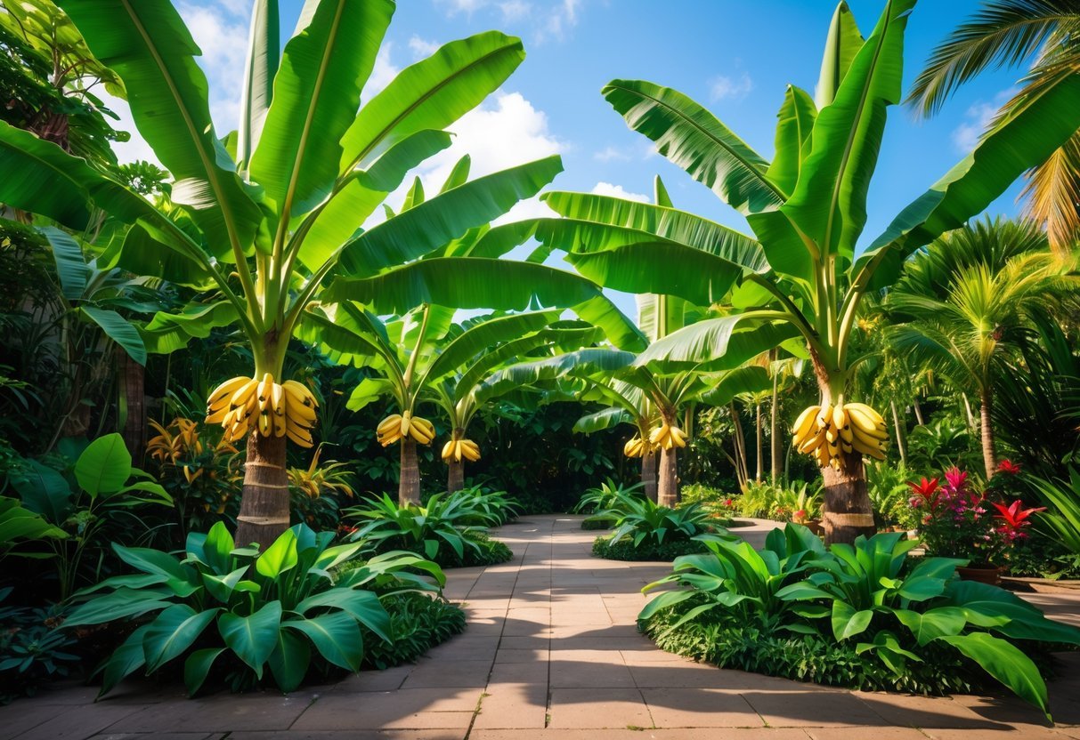 10 Tropical Garden Ideas to Transform Your Outdoor Space in the US 17 A tropical garden with fifteen banana trees surrounded by lush green plants under a clear blue sky.