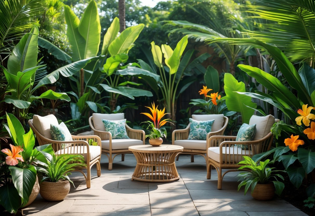 10 Tropical Garden Ideas to Transform Your Outdoor Space in the US 18 Outdoor seating area with wooden table and chairs surrounded by tropical plants and flowers in a garden.