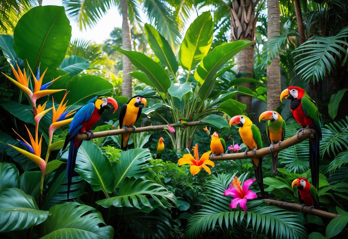 10 Tropical Garden Ideas to Transform Your Outdoor Space in the US 19 A tropical garden filled with lush green plants and colorful flowers, with exotic birds like parrots and toucans perched among the foliage.