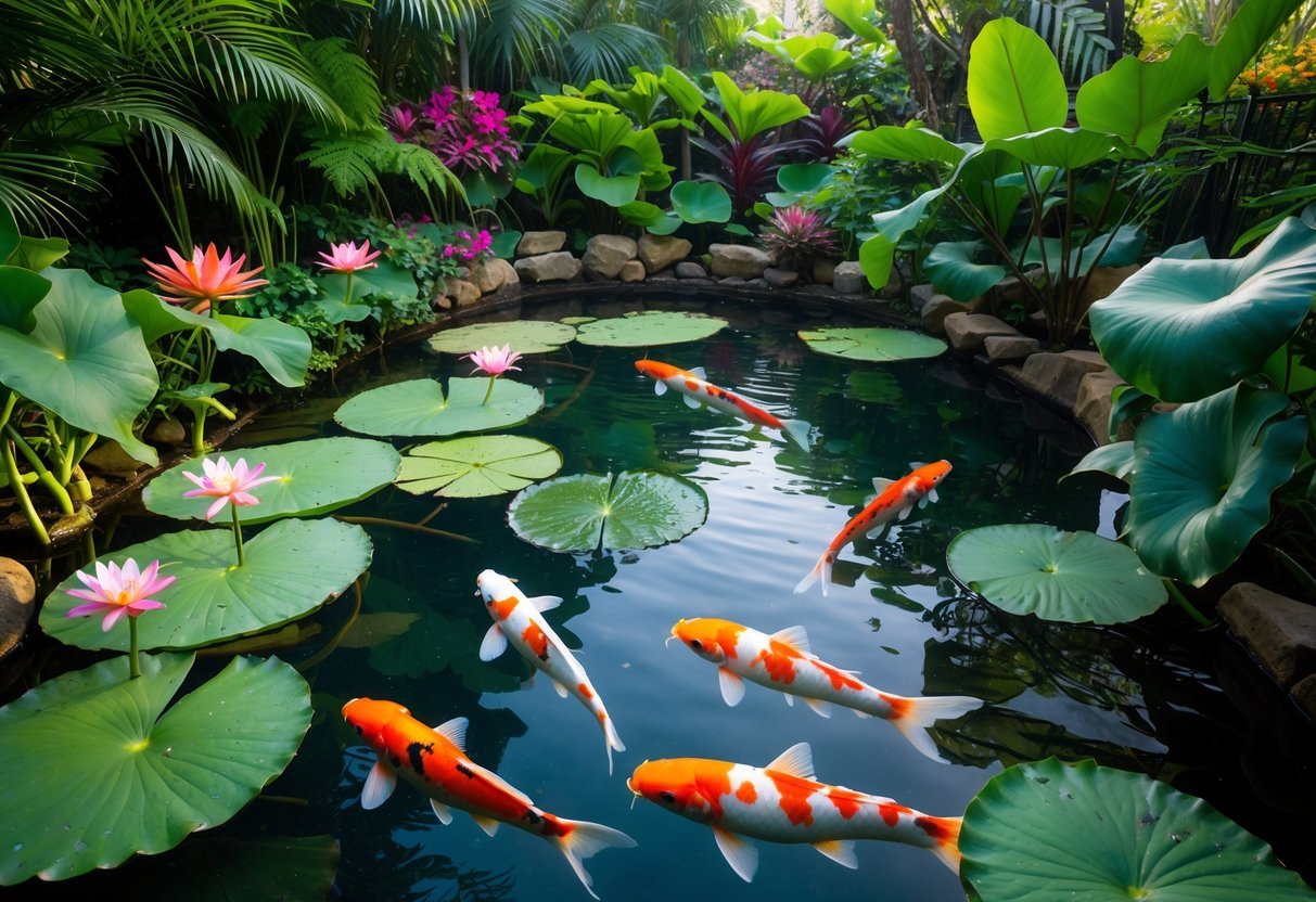 10 Tropical Garden Ideas to Transform Your Outdoor Space in the US 20 A koi pond with lily pads and tropical plants surrounding it, featuring colorful koi fish swimming in clear water.