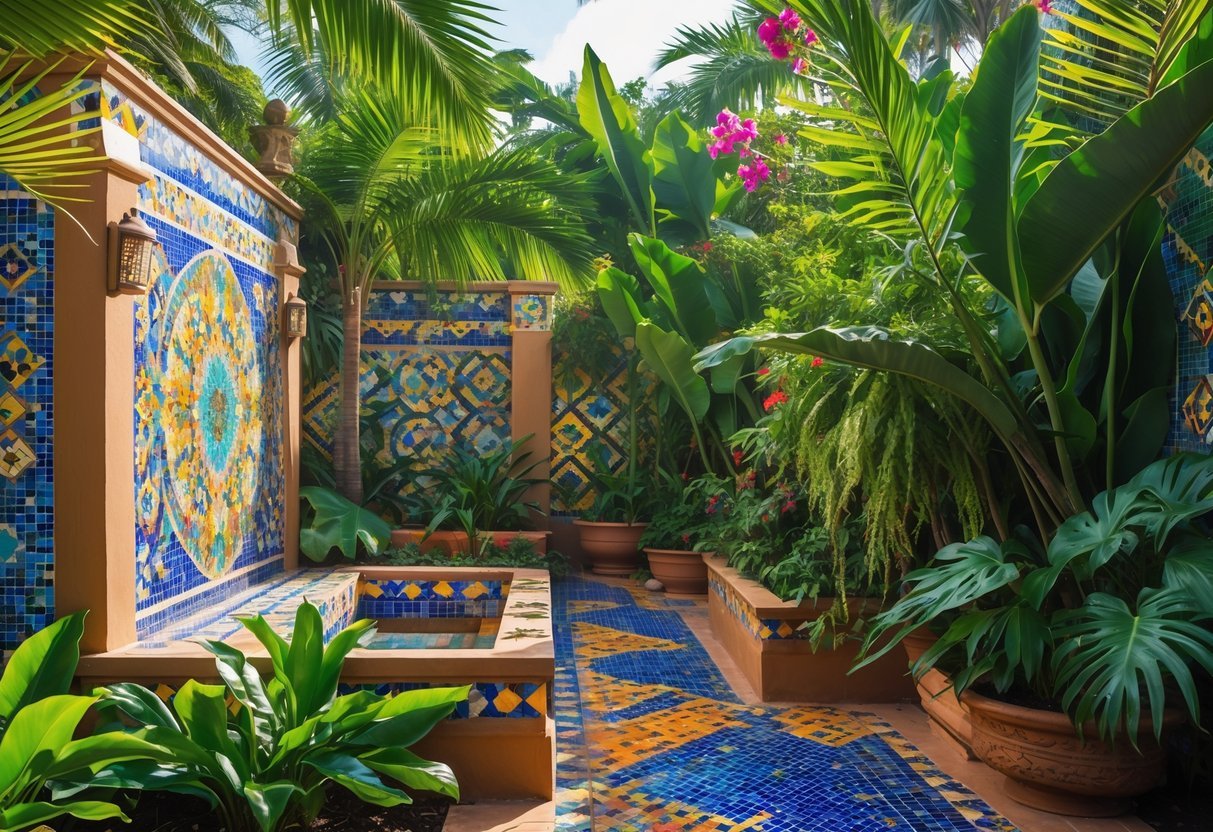 10 Tropical Garden Ideas to Transform Your Outdoor Space in the US 21 A tropical garden with colorful mosaic tile decorations on walls and planters surrounded by green plants and flowers.