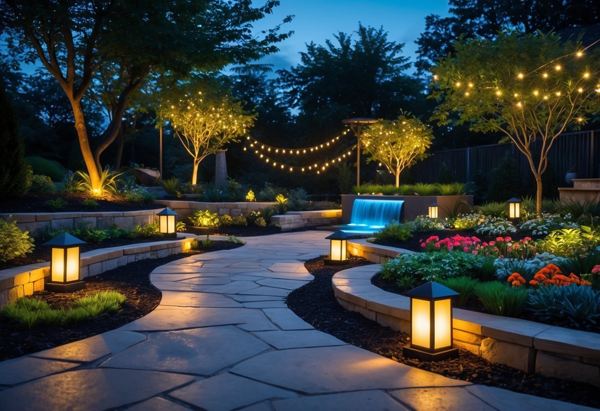 21+ Garden Lighting Ideas: Stunning Ways to Transform Your US Backyard This Summer 2 A garden at dusk with illuminated pathways, flower beds, trees with string lights, and a softly lit water feature.