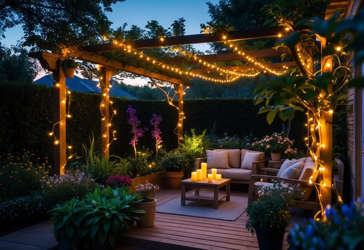 21+ Garden Lighting Ideas: Stunning Ways to Transform Your US Backyard This Summer 3 A garden at dusk illuminated by warm string lights hanging over a wooden patio with plants and flowers.