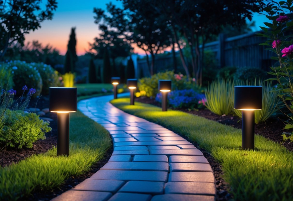21+ Garden Lighting Ideas: Stunning Ways to Transform Your US Backyard This Summer 4 A garden pathway lit by solar lights with plants and trees at twilight.