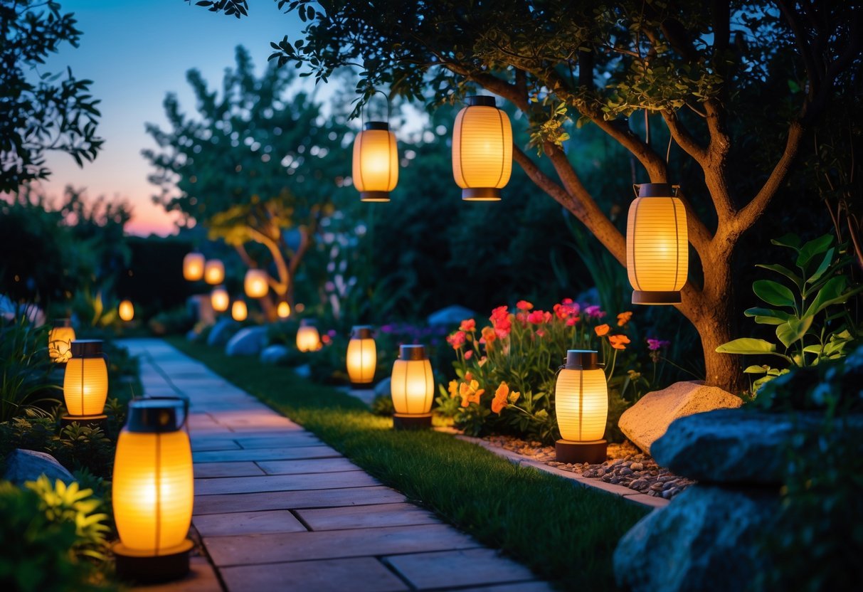 21+ Garden Lighting Ideas: Stunning Ways to Transform Your US Backyard This Summer 5 A garden at twilight lit by hanging and ground lanterns casting a warm glow over plants and a stone pathway.