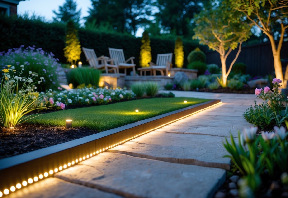 21+ Garden Lighting Ideas: Stunning Ways to Transform Your US Backyard This Summer 6 A garden at twilight illuminated by warm white LED strip lights along pathways, flower beds, and tree trunks, with green grass, flowers, and wooden furniture visible.