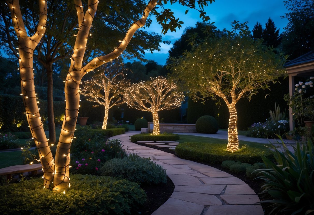 21+ Garden Lighting Ideas: Stunning Ways to Transform Your US Backyard This Summer 7 A garden at dusk with trees wrapped in warm white fairy lights glowing softly among green foliage.